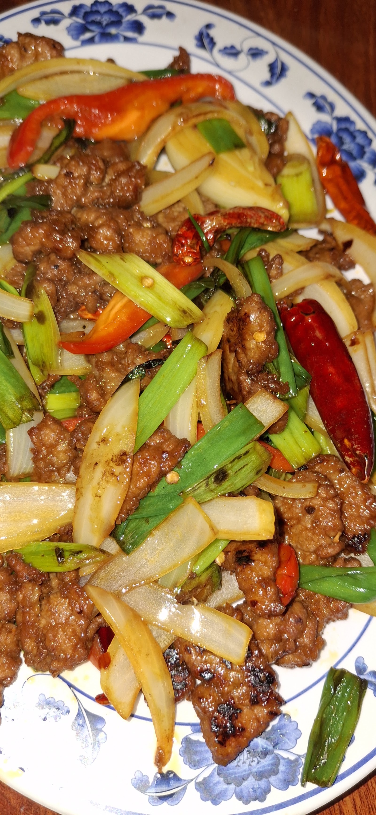 Szechuan beef stir-fry with peppers and scallions